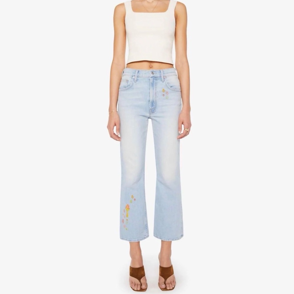 MOTHER Light Blue Flare Jeans with Floral Accents